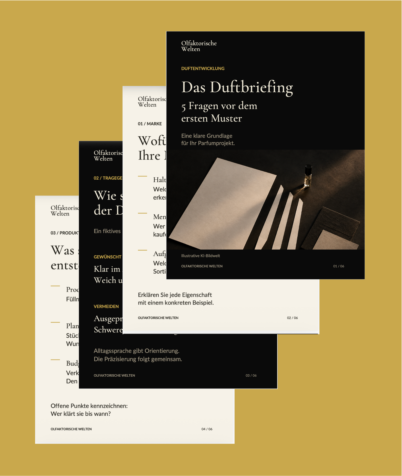 Gestaltete Duftbriefing-Unterlagen von Olfaktorische Welten mit fünf Fragen vor dem ersten Muster