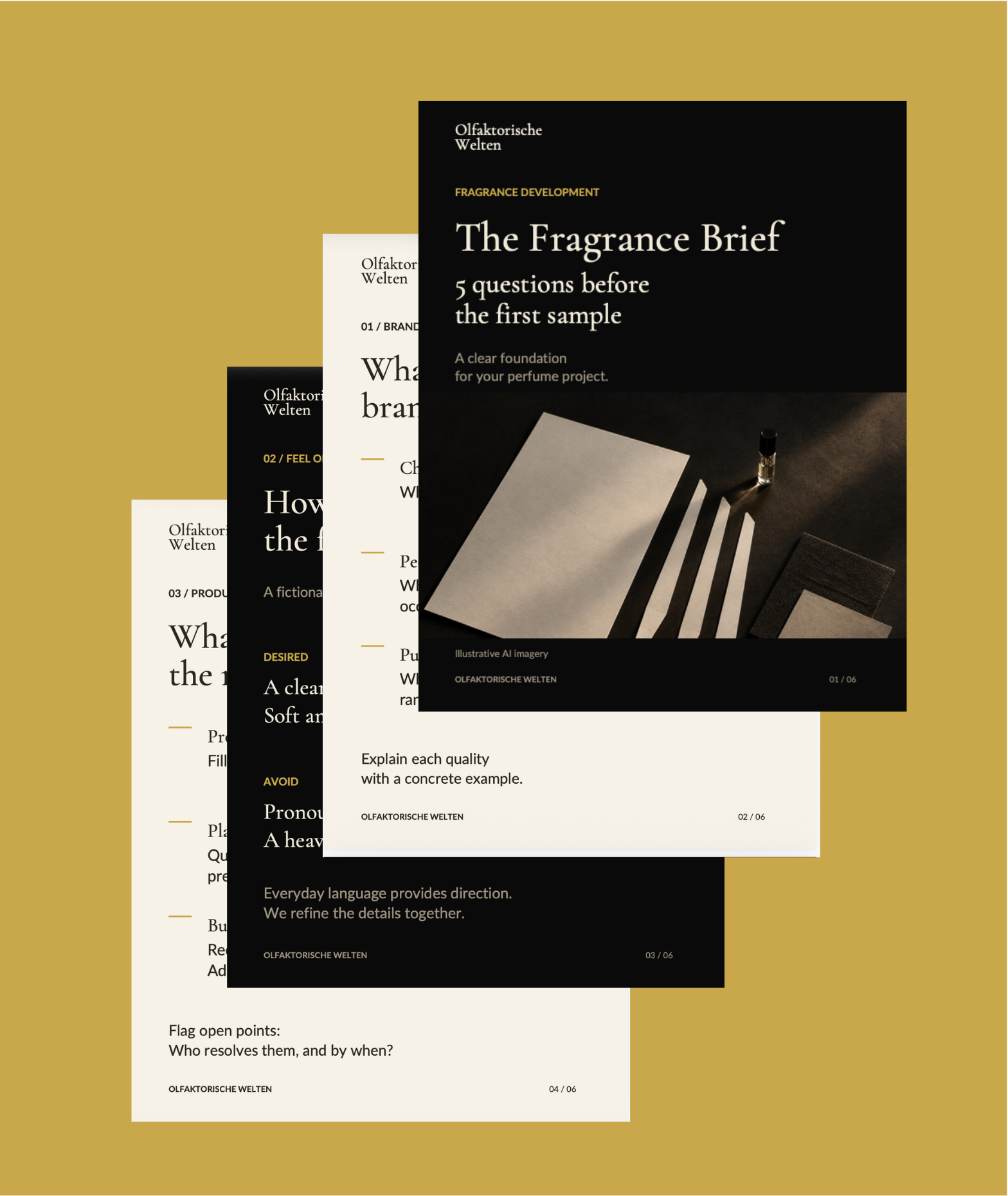 Designed fragrance brief materials by Olfaktorische Welten with five questions before the first sample