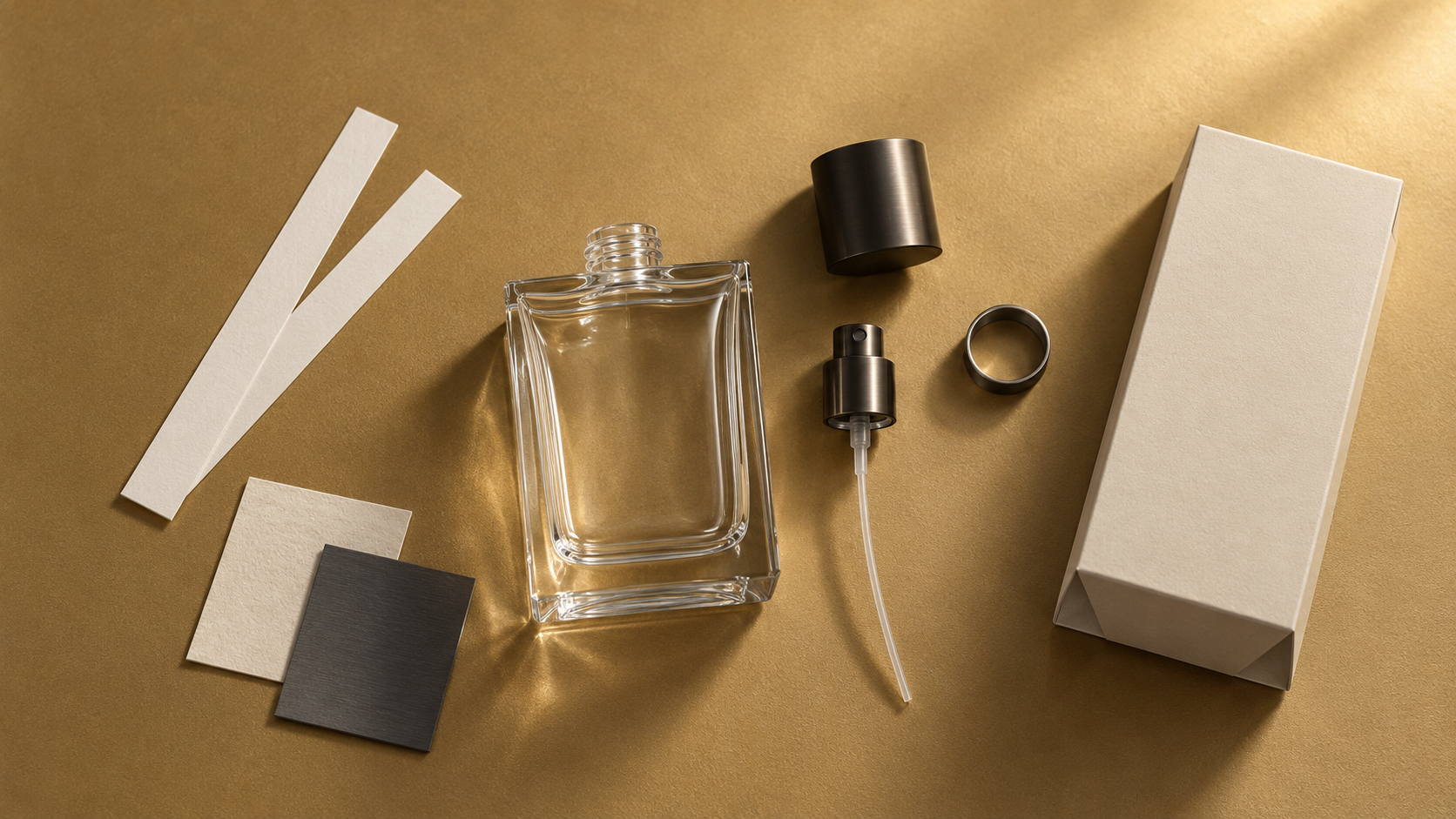 Markenfreie Auswahl aus Parfumflakon, Zerstäuber, Kappe, Zierring, Duftstreifen sowie Veredelungs- und Verpackungsmustern.