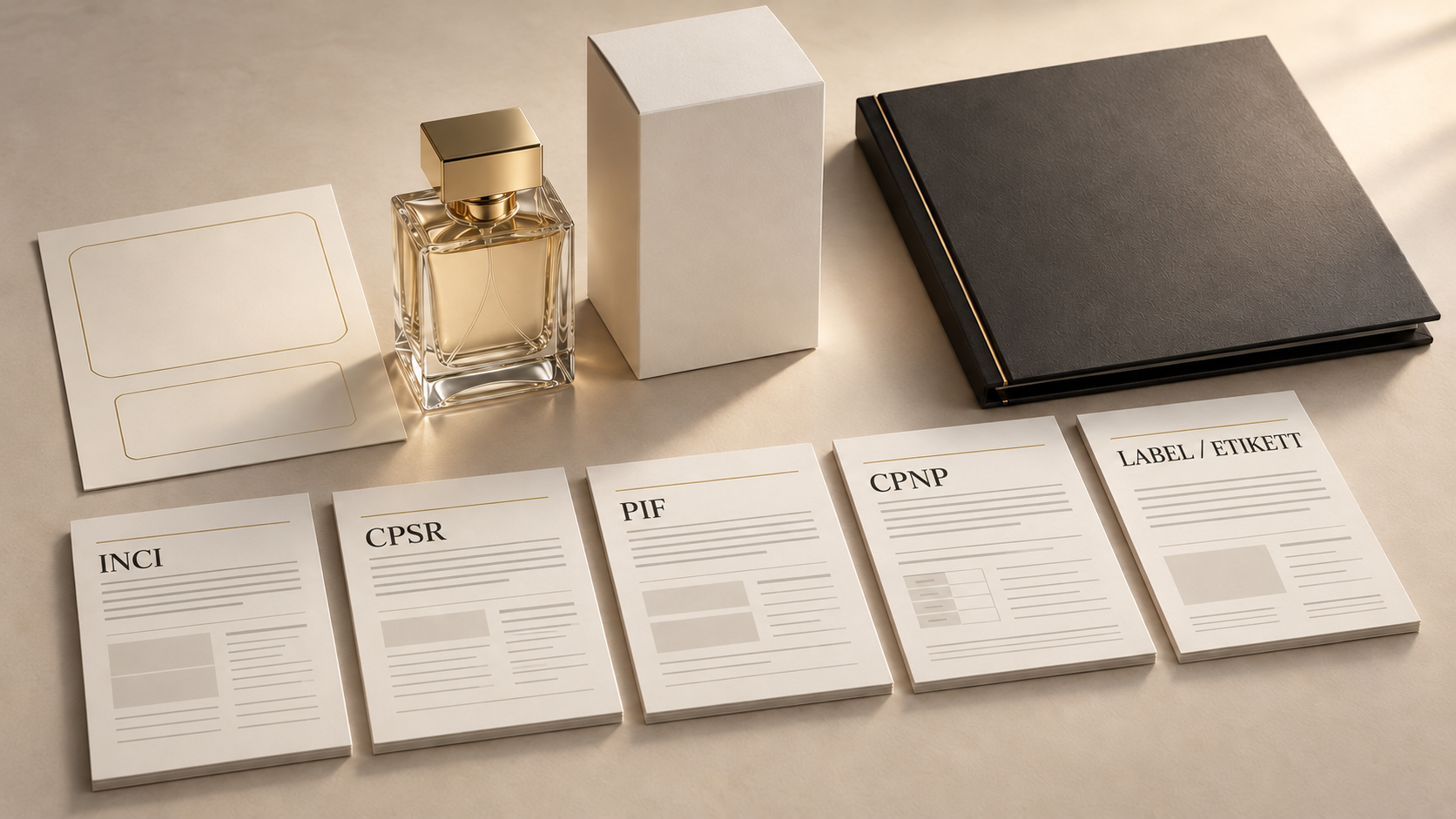 Unbeschrifteter Parfumflakon mit Faltschachtel und fünf Arbeitsunterlagen zu INCI, CPSR, PIF, CPNP und Kennzeichnung.